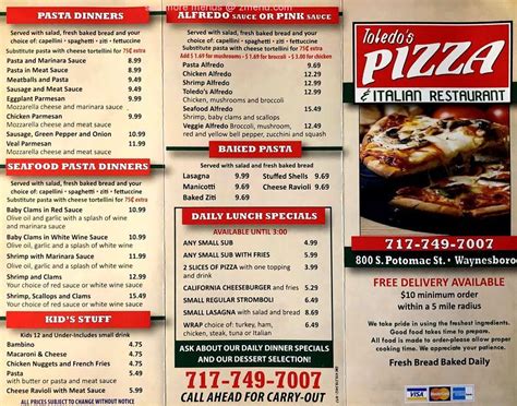 Contact information for renew-deutschland.de - View the online menu of Toledo's Pizza and other restaurants in Waynesboro, Pennsylvania. ... Toledo's Pizza « Back To Waynesboro, PA. 0.95 mi. Pizza $ 717-749-7007 ... 